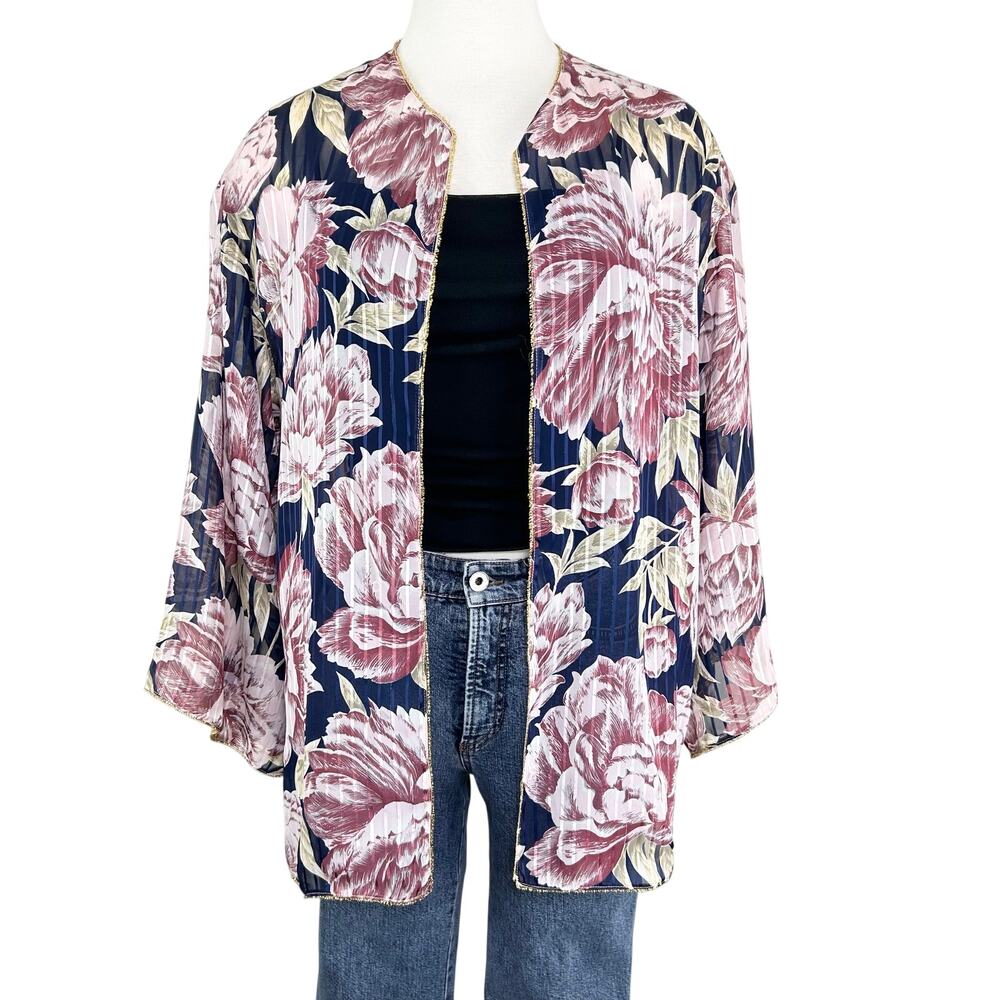 Vintage Open Front Floral Cardigan Top Sheer Gold Trim‎ XS/S Kimono